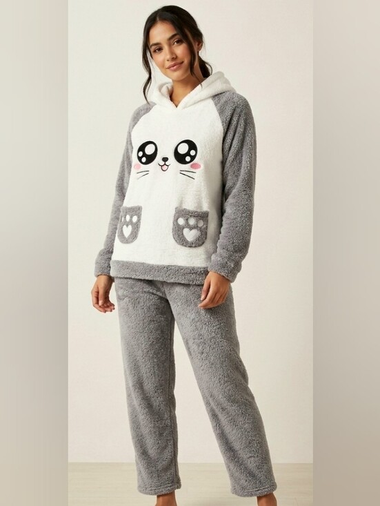 Unbranded Other - Women's Size S Hooded Fleece Pajama Set, 2-Piece, Gray/White, Long Sleeve Plush